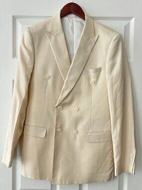 Tazio Europa Mens 38L Cream Linen Blend Double Breasted 2 Piece Suit 32L
